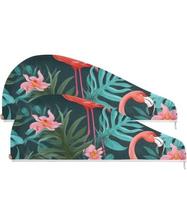 Red Flamingos Tropical Leaf Hair Towel 2 Pack | Super Absorbent Quick Dry Hair Turbans for Women & Girls - Buy Online on GoSupps.com