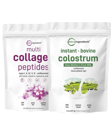 Micro Ingredients Multi Collagen Protein Powder 2 Pounds & Instant Colostrum Powder Bundle 2 Pack | Grass-Fed Collagen Peptides | Premium Bovine Mother s First Milk