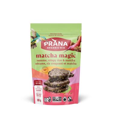 Prana Organic Matcha Magic - 62%Chocolate Bark Roasted Sesame Seeds Crispy Pice & Matcha Tea - Fair trade Vegan Snacks Non-GMO 100g