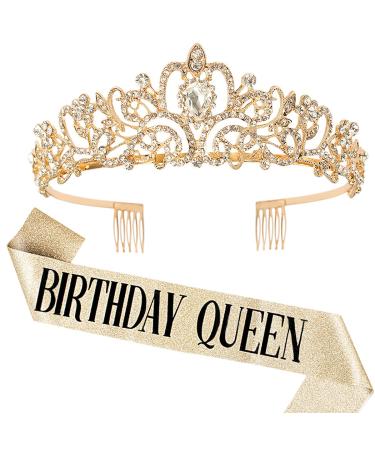 "Birthday Queen" Sash & Rhinestone Tiara Set COCIDE Silver Birthday Sash and Tiara for Women Birthday Decoration Kit Rhinestone Headband for Girl Glitter Crystal Hair Accessories for Party Cake Topper 4 Gold