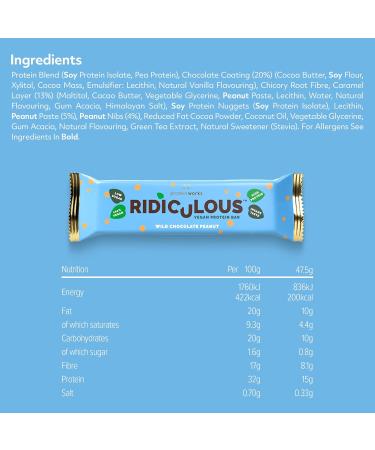Protein Works Ridiculous Vegan Protein Bar - Wild Chocolate Peanut | 100% Plant Based | High Protein | Palm Oil Free | Award Winning | 9 Bars - Buy Online on GoSupps.com