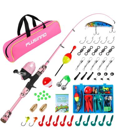 PLUSINNO Kids Fishing Pole with Spincast Reel Telescopic Fishing Rod Combo Full Kits for Boys, Girls, and Adults Pink 120cm 47.24In