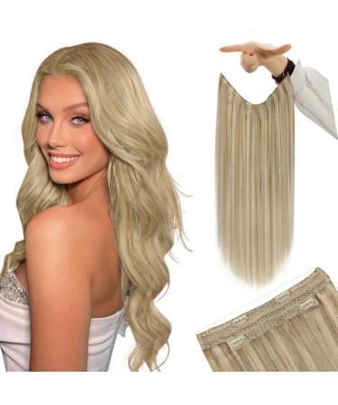 YoungSee Blonde Dark Wire Hair Extensions Ash Blonde with Blonde Invisible Wire Human Hair Extensions Highlight Blonde Hair Extensions with Transparent Line for Women 18Inch 80G