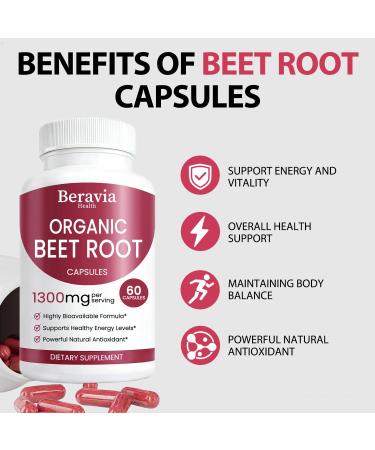 Beravia Health Organic Beet Root Capsules Beetroot Capsules 1300mg | Support Healthy Circulation & Vitality Natural Vegan & Non-GMO Beet Root Supplement for Women & Men - 60 Capsules (1 Bottle) - Buy Online on GoSupps.com
