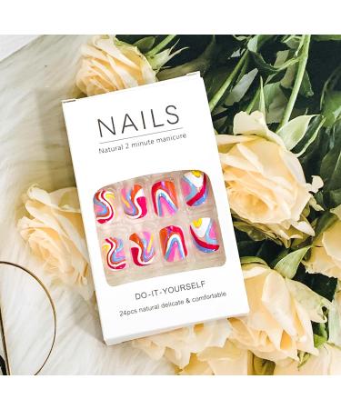 Vezocim Press on Nails - 24PCS Glossy Short Coffin Nails with Colorful Wavy Line Designs | Extra Short Acrylic Fake Nails for Women - Buy Online on GoSupps.com
