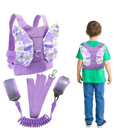 Toddler Reins Walking Safety Harness for Kids 2 PCS Toddler Leash & Anti Lost Wrist Bands with 360 Rotation Leash for Toddler/Kids/Babies/Children Butterfly-Wings Walking Harness & 4.9ft Rope Purple