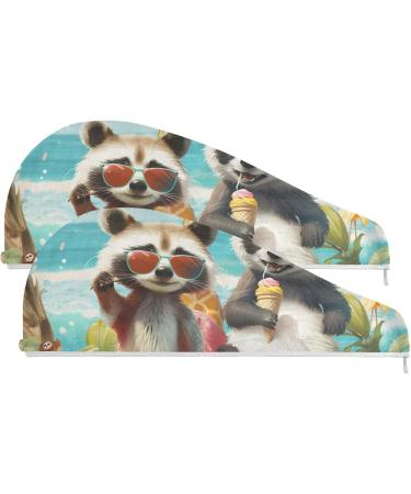 Raccoon Surfer & Sloth Panda Hair Towel 2 Pack | Super Absorbent Quick Dry Turbans for Women & Girls - Buy Online on GoSupps.com