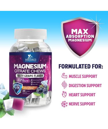 Magnesium Citrate Chews Supplement - Improved Vegan Formula - High Absorption Magnesium Gummies Supplement Vegan Mag Citrate Soft Chews Gummy for Adults - Non-GMO Delicious Grape-Flavor - 60 Gummies - Buy Online on GoSupps.com