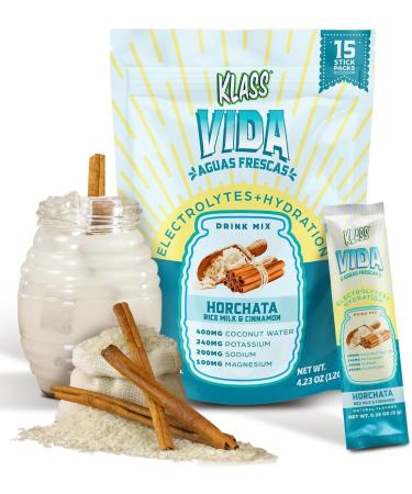 KLASS VIDA Electrolyte Drink Mix Horchata Agua Fresca Flavor | Sugar-Free Hydration Powder with Coconut Water & Minerals | 15 Single-Serve Stick Packs in Resealable Pouch Low Calorie