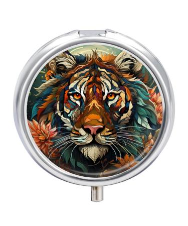 Small Travel Pill Case Round Metal Pill Box for Pocket Purse 3 Compartment Portable Pill Holder Mini Pill Organizer for Travel or Daily - Tiger