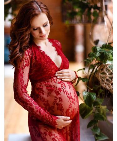 BUOYDM Maternity Lace Photography Dress Maxi - Elegant Props for Photo Shoots - M Burgundy Red - Buy Online on GoSupps.com