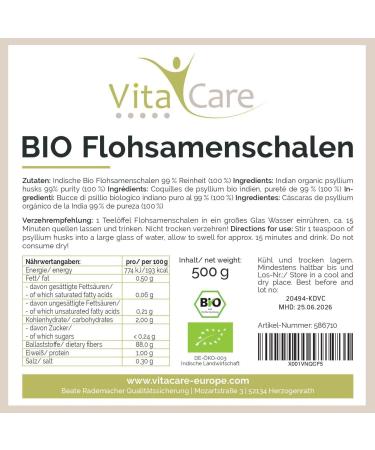 Vitacare Organic Psyllium Husk Powder 500g - 99% Purity Fiber-Rich Vegan & Gluten-Free Superfood for Digestive Health - Buy Online on GoSupps.com