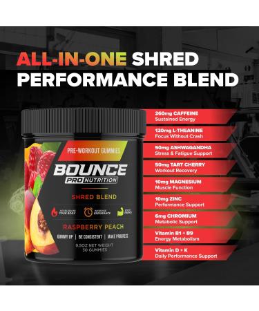 Bounce Pro Shred Blend Pre Workout Gummies Raspberry Peach 30 Vegan Gummies with Caffeine, Ashwagandha & L-Theanine for Energy, Focus & Endurance (30 Count (Pack of 1), Raspberry Peach) Raspberry Peach 30 Count (Pack of  - Buy Online on GoSupps.com