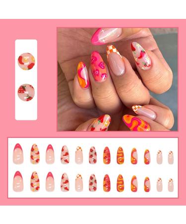 24Pcs Almond French Press on Nails Short Cute Vegetable & Fruit Oval Acrylic Glossy False Nails for Women - Buy Online on GoSupps.com