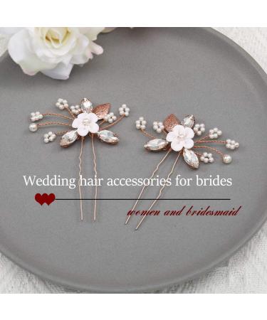 Flower Bride Wedding Hair Pins - Pearl & Crystal Hair Accessories (Pack of 2) - Rose Gold - Buy Online on GoSupps.com