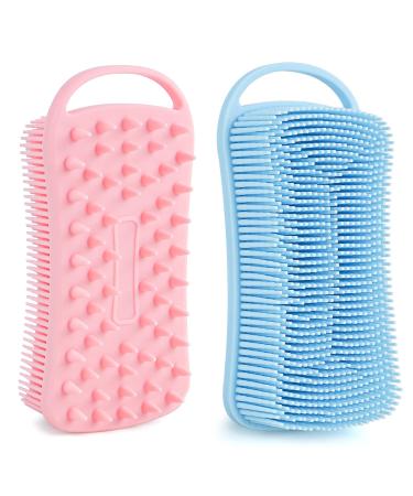 Silicone Body Scrubber Loofah  2 in 1 Shower Scrubber for Body  Soft Silicone Loofah for Sensitive Women Men All Kinds of Skin  Scalp Massager Shampoo Brush  Exfoliating Bath Brush (2PC  Blue&Pink) Blue Pink