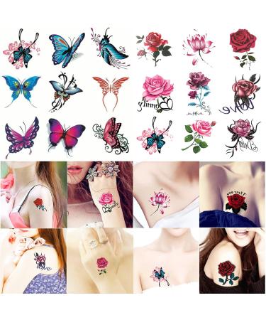 Temporary Tattoo Set: 4Pcs Three-Color Temporary Tattoos with 40 Adhesive Stencils, 20 Sheets Flowers Butterfly Stickers for Women Men - Black, Red, Purple - Buy Online on GoSupps.com