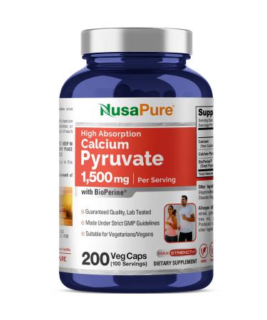 NusaPure Calcium Pyruvate - Suitable for Vegetarian/Vegan Non - GMO - 1500 mg - 200 Capsules