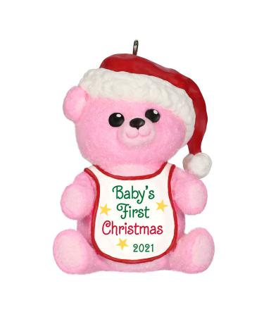 Hallmark Keepsake Christmas Ornament, Year Dated 2021, Baby Girl's First Christmas Pink Bear