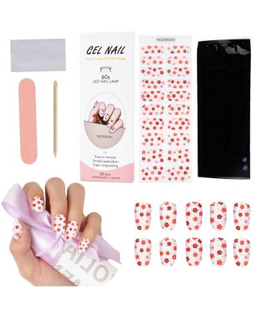 MRTREUP 20PCS Semi Cured Gel Nail Strips, Adhesive Full Wrap Gel Nail Art Sticker with Nail File and Stick(Lamp Required), Waterproof Gel Nail Wrap Stickers Sets for Yourself, Sisters, Mothers (Flower)