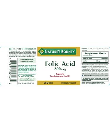 Nature's Bounty Folic Acid 800 mcg - 250 Tablets for Optimal Health - Buy Online on GoSupps.com