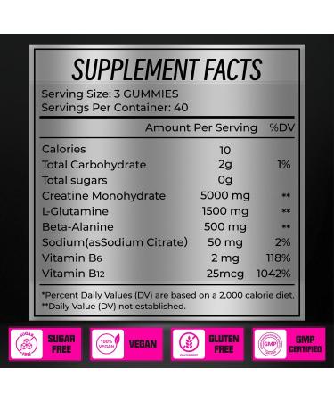 Creatine Monohydrate Gummies Creatine Complex for Men & Women for Improve Endurance Strength & Recovery with L-Glutamine Beta-Alanine Vitamin B12 Sugar-Free Vegan No Bloating GMP-certified Raspberry - Buy Online on GoSupps.com