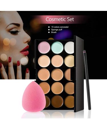 15 Colors Concealer Palette for Facial Camouflage & Contouring + Sponge Puff & Oval Brush - Makeup Cream - Buy Online on GoSupps.com