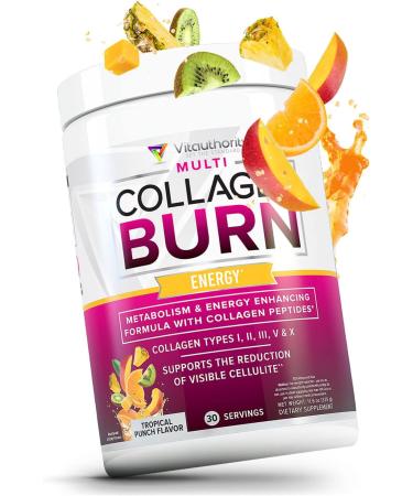 Multi Collagen Burn: MultiType Hydrolyzed Protein Peptides with Hyaluronic Acid Vitamin C SOD B Dimpless Types I II III V and X with Caffeine 30 Servings Tropical Punch Flavored Energy - Tropical Punch - Buy Online on GoSupps.com