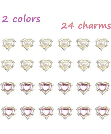 YOSOMK 24PCS Heart Nail Charms | White Pink 3D Pearls & Gems for Acrylic Nail Art Design - Buy Online on GoSupps.com