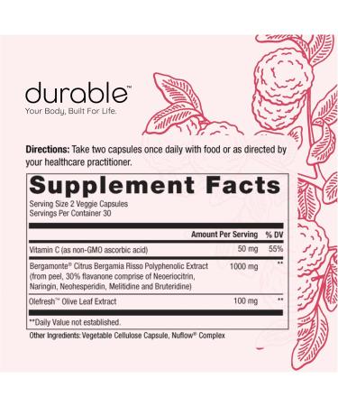 Durable Heart Extra-Strength Bergamonte & Olive Leaf Extract - 1 000 mg Natural Heart Supplements for Healthy Cholesterol Support - Non-GMO Vitamin C - Made in USA - 60 Count - Buy Online on GoSupps.com