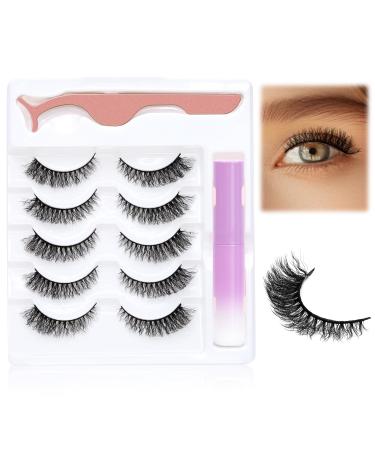 Obeyalash Volume Curly Strip Lashes 5 Pairs False Eyelashe Fluffy Thick Black Thin Band Wispy Faux Mink Lashes Wool Curls Eyelashes with Eyelash Adhesive W14