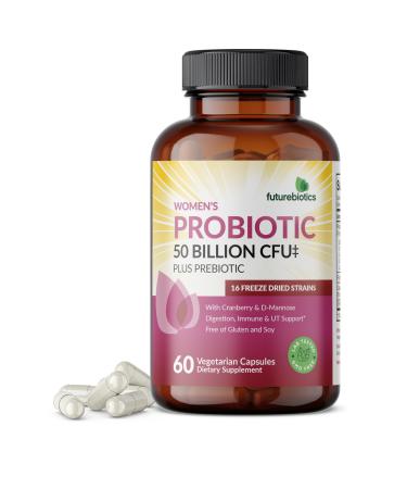 Futurebiotics Women's Probiotic 50 Billion CFU + Prebiotic with Cranberry & D-Mannose Digestion Immune and Urinary Tract Support Non-GMO 60 Vegetarian Capsules