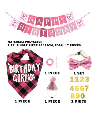 Dog Birthday Kit Dog Birthday Hat Bow Tie Band Pull Flag Scarf Number Stickers Cute Puppy Kitten Party Kit Reusable Suitable for Small Medium and Large Dog Pets(pink) - Buy Online on GoSupps.com
