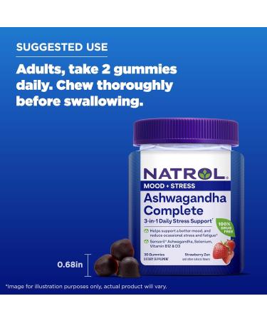 Natrol Ashwagandha Complete Gummy 3-in-1 Daily Stress Support Supports Better Mood Reduces Occasional Stress and Fatigue 30 Gummies Up to a 15 Day Supply - Buy Online on GoSupps.com