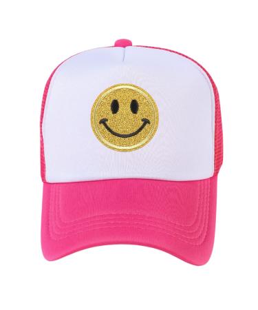 lycycse Smile Face Hat Womens Mesh Neon Trucker Hats with Sequins Smile Patch Preppy Hat Retro Baseball Cap Pink/White