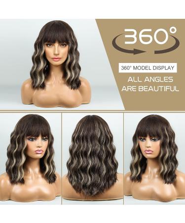 LUNDEREN Short Brown Wavy Wig with Bangs - 16 inch Synthetic Heat Resistant Highlight Wig for Women - Perfect for Daily & Party Use - Buy Online on GoSupps.com