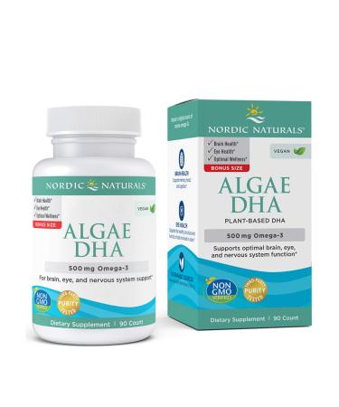 Nordic Naturals Algae DHA - 90 Soft Gels - 500 mg Omega-3 DHA - Certified Vegan Algae Oil - Plant-Based DHA - Brain, Eye & Nervous System Support - Non-GMO - 45 Servings 90 Count (Pack of 1)