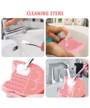 Silicone Cat Shaped Brush Cleaner Pad - 2 in 1 Makeup Brush Cleaning Mat & Drying Holder | Portable Pink Cosmetic Organizer - Buy Online on GoSupps.com