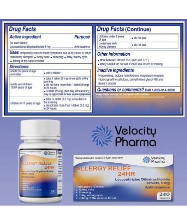 Velocity Pharma Levocetirizine Dihydrochloride Tablets USP 5mg - 24 Hour Allergy Relief - Non-Drowsy Antihistamine - 240 Count - Buy Online on GoSupps.com