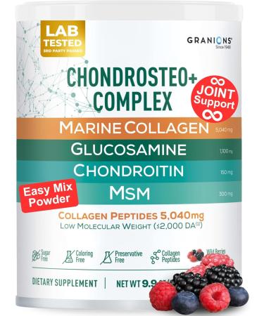 Granions Glucosamine Chondroitin MSM Powder Joint Supplements for Men and Women Chondrosteo Hydrolyzed Marine Collagen Peptides Essential Vitamins Minerals Nutritional Complex - Berry - 10 Oz