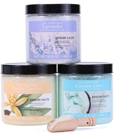 Bath Salts for Soaking  Spa Luxetique Epsom Salts Gifts Set for Women  Bath Salts for Women Relaxing  Epsom Salts Bulk with Wooden Scoop  Epsom Salts for Soaking Bath Set Mother's Day Gifts for Mom Purple 1.05 Pound (Pac...