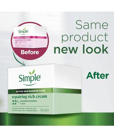 Simple Repairing Rich Face Cream facial moisturiser with 22% ceramide boosters organic cica and provitamin B5 for a stronger skin barrier repairs and replenishes very dry sensitive skin 50 ml - Buy Online on GoSupps.com