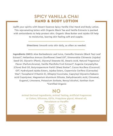 Desert Essence Spicy Vanilla Chai Hand & Body Lotion - 8 fl oz | Uplifting, Smoothes & Softens Skin | Aloe Vera, Shea Butter, Vitamin E - Buy Online on GoSupps.com