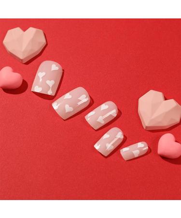24pcs White Heart Square False Nails - Short Press on Nails for Women & Girls | Removable Glue-on Fake Nails - Nail Art Accessories - Buy Online on GoSupps.com