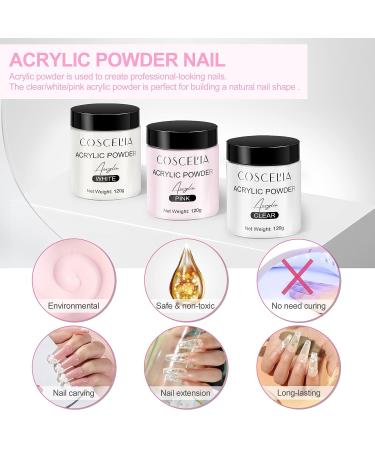 COSCELIA Acrylic Powder Set - 3 Colors 120G White Pink Clear for Nails Extension & 3D Carving - Home Salon Kit - Buy Online on GoSupps.com