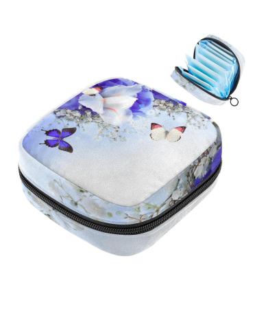 Menstruation pad bag with zipper women's napkin bag tampons collective bags for women and girls (flowers and butterfly blue hydrangis and white irises)