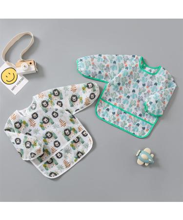 Yealoo 5 Pack Waterproof Baby Bibs with Sleeves | Washable Sleeved Bibs for 6-30 Months - Excavator Dino Lion Cactus & Concert Designs - Buy Online on GoSupps.com