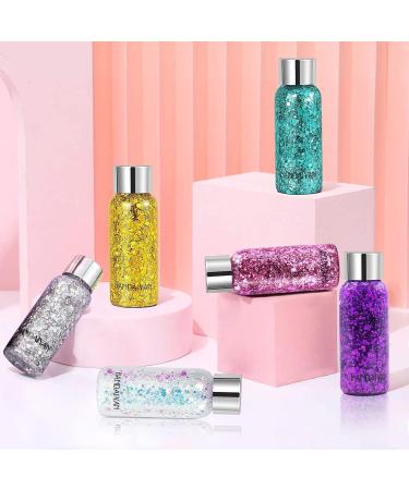 6 Bottle Glitter Face & Body Gel Set | Long-Lasting Sparkling Makeup for Festivals & Parties - White Pink Green Silver Gold Purple - Buy Online on GoSupps.com