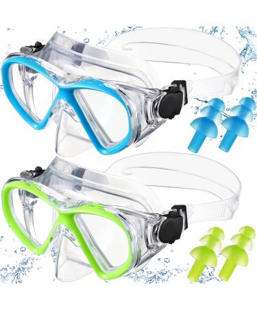 2 Pack Kids Swim Goggles Diving Mask with 2 Pair Earplugs Silicone Anti Fog Swimming Goggles Glasses Anti Leak Snorkel Swim Face Nose Cover Gear Beach Pool for Kids 6-14 Youth Blue Green