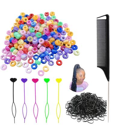 406 Pcs Hair Beads Set for Kid Hair Braids Including 200 Plastic Pony Beads,200 Elastic Rubber Bands,5 Quick Beader and 1 Rattail Comb for Girls and Kids Hair Braids Type 10